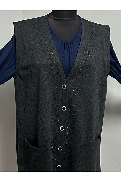 MSA Giyim Women's Stone Detailed Pocketed Seasonal Mother's Vest Buttoned Combed Cotton Mother's Vest