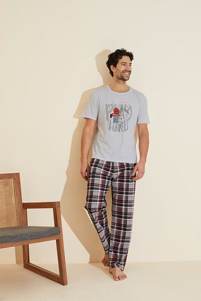 Siyah İnci Gray Patterned Crew Neck Knitted Pajama Suit 25109839
