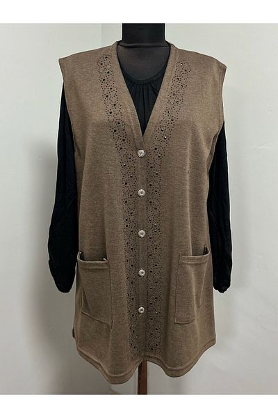 MSA Giyim Women's Stone Detailed Pocketed Seasonal Mother's Vest Buttoned Combed Cotton Mother's Vest
