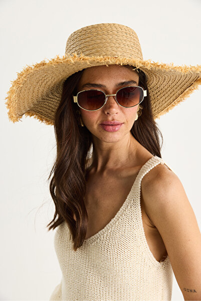 Bianco Lucci Women's Fringed Stripe Detailed Wide Straw Hat 14730 60801014