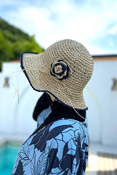 Remsa Mayo Синя солом'яна капелюх - з квітковим декором, модель RŞ-84