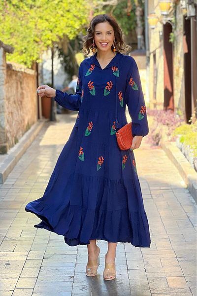Nevin Kaya Moda Navy Blue Sprout Patterned Dress