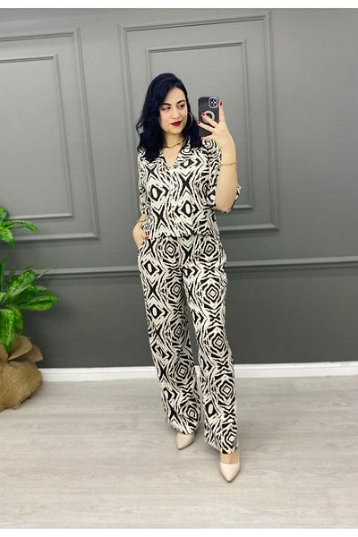 EGELİMODA Patterned Brown Double Suit with Summer Crop Shirt