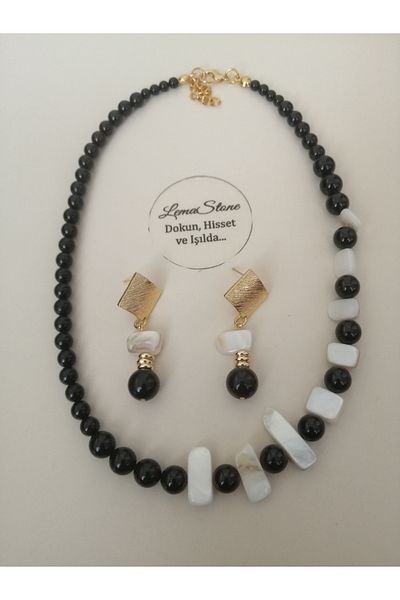 LemaStone Natural Stone Necklace ,Earring Set;Black Tourmaline & Stone ,Brass Gold No Tarnish Earrings