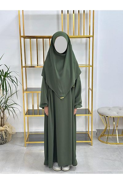 erasra class Κοριτσίστικο φόρεμα Hijab, Σουφλέ Κασκόλ Σετ Πράσινο