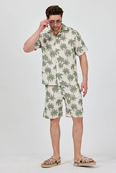 Cosplay Shirt Shorts Men's Two-Piece Set Blue Cream Palm Patterned