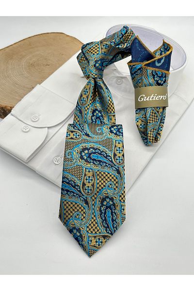 Gutiero Classic Tie with Gold Blue Paisley Patterned Handkerchief
