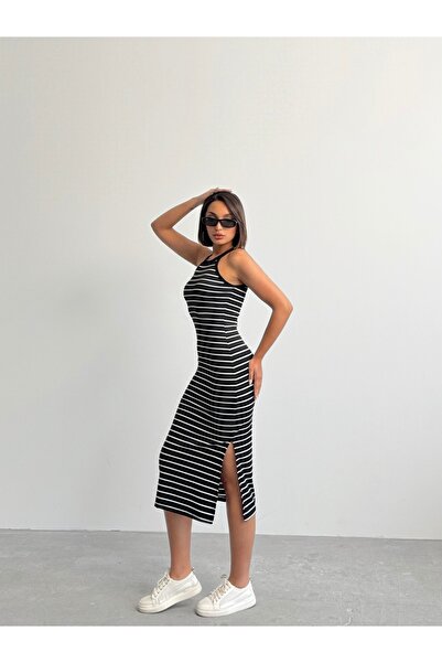 BEJNA Dámské černé pruhy s ohlávkovým límečkem pružné šaty