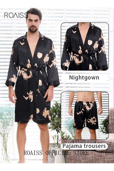 ROAISS Pajama Shorts and Robe for Men Silk Dragon Pattern Pajamas Bathrobe gift for Boyfriend Husband Summe
