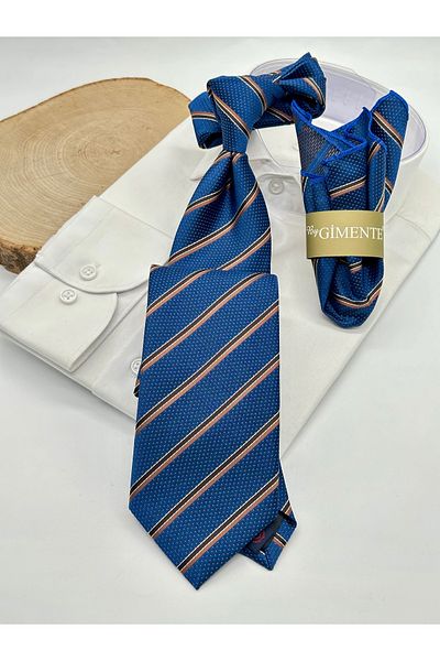 Gutiero Classic Navy Blue Striped Tie with Handkerchief