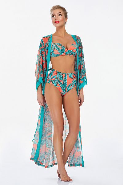 Bravie Women's Orange Leaf Patterned Turquoise Pareo 6124