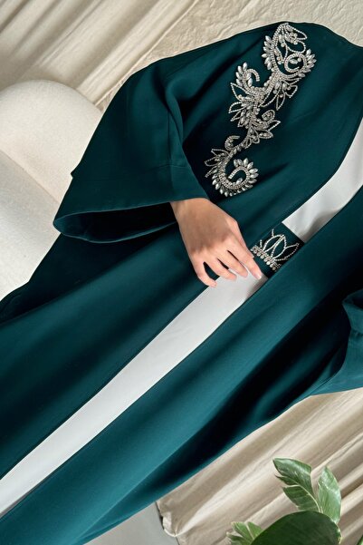 InStyle Yakası Taşlı Yarasa Kol Elbiseli Abaya Petrol Mavisi