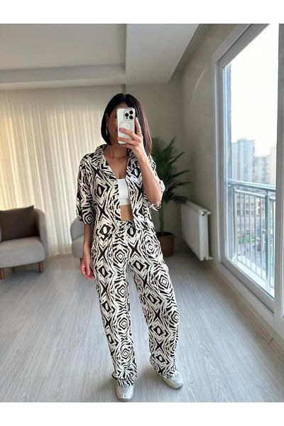 EGELİMODA Viscose Patterned Brown Double Suit with Summer Crop Shirt
