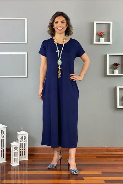 Nevin Kaya Moda Μπλε Navy κοντομάνικο βαμβακερό χτενισμένο φόρεμα
