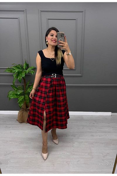 EGELİMODA Belted Midi Length Flared Plaid Skirt