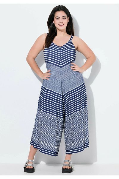 Şans Women's Plus Size Navy Blue, Adjustable Strap, Striped Pocket Overalls 65N38961