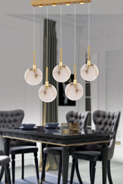 burenze Modern Lüks Tasarım Marble Lighting Sarkıt Beşli Sıralı Mermer Avize Eskitme Gold