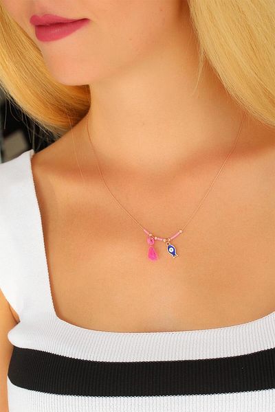 Skygo Evil Eye Beaded Pink Color Stone Rose Necklace - Tj-Bko4372