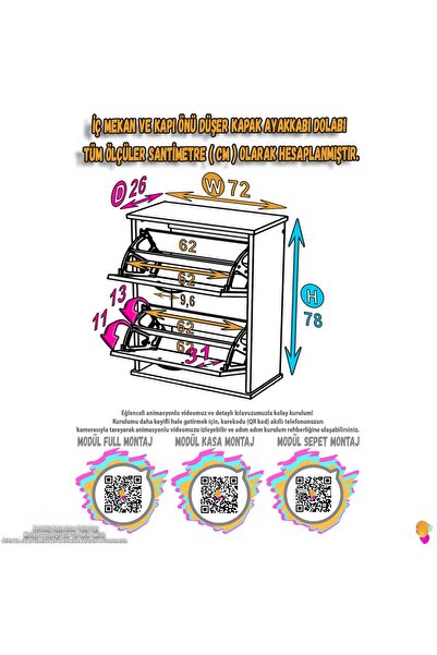 Modilayn UMAY Asma Kapı Önü 72 x 78 x 25,5 cm’lik 2 Düşer Kapak 4 Göz Bölmeli Ayakkabılık