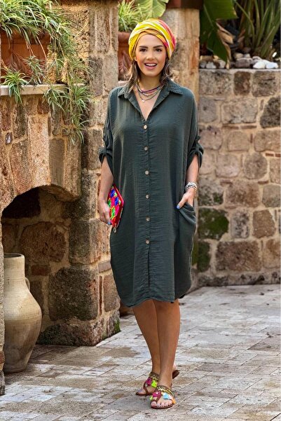 Nevin Kaya Moda Χακί 100% βαμβακερό μαλακό φόρεμα πουκάμισο από μουσελίνα