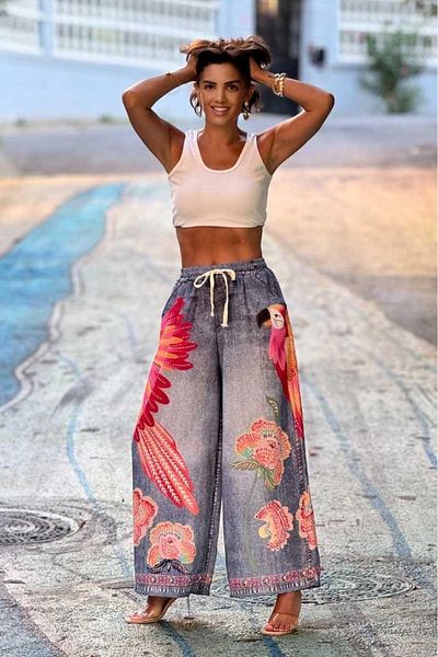 Nevin Kaya Moda Special Design - Parrot Patterned Denim Look Trousers