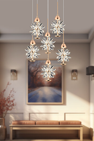 burenze Modern Crystal Led Sarkıt Avize Kristal Taşlı 6 lı Ledli Avize Gold Sarı Gün Işığı