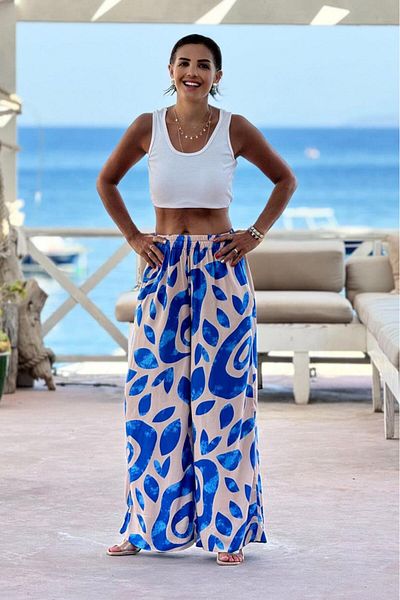Nevin Kaya Moda Pantaloni Palazzo Crem cu model inel