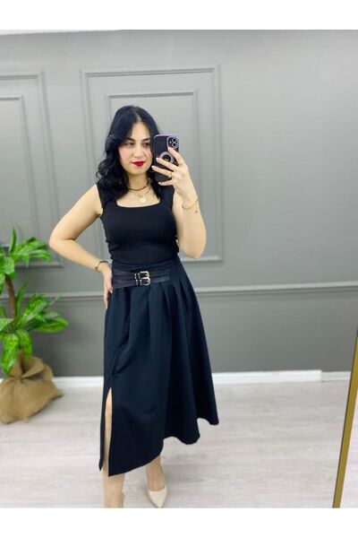 EGELİMODA Siyah Kemerli Midi Boy Kloş Etek