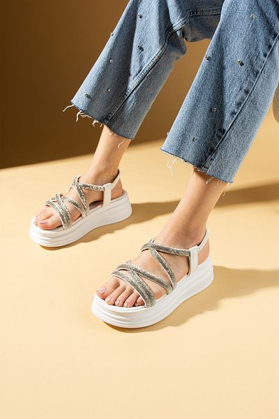 Pembe Potin Women's White Stone Comfortable Sole Stone Conford Daily Stylish Sandals