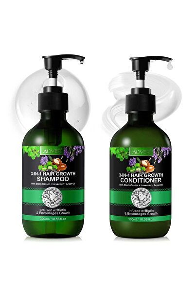 NOVA KISS Set pentru creșterea părului cu șampon și balsam 3 în 1 cu ulei de ricin, lavandă și argan, 2 x 300 ml