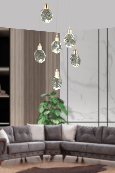 burenze A Luxury Modern Kristalize Cam Sarkıt Altılı Power Led Avize Gold Sarı Gün Işığı Ledli Avize