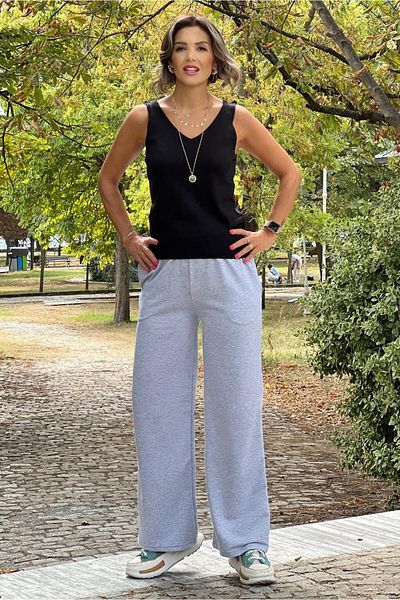 Nevin Kaya Moda Γκρι Χρώμα Magic Cut Λεπτό παντελόνι που δείχνει ψηλό