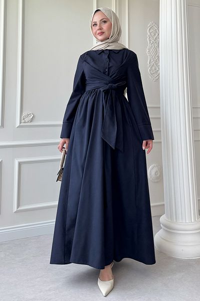 InStyle Φόρεμα με φαρδύ μανίκι με λεπτομέρεια ποπλίνα Navy Blue