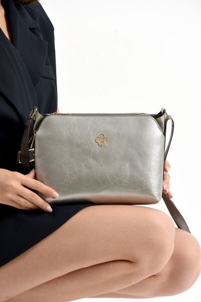 mugalas Silver Wrinkled Patterned Multi-Compartment Adjustable Shoulder Cross Strap Quality Bag