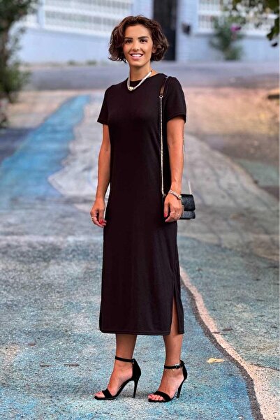 Nevin Kaya Moda Μαύρο φόρεμα με λαιμόκοψη και πλαϊνό σκίσιμο, 100% βαμβάκι