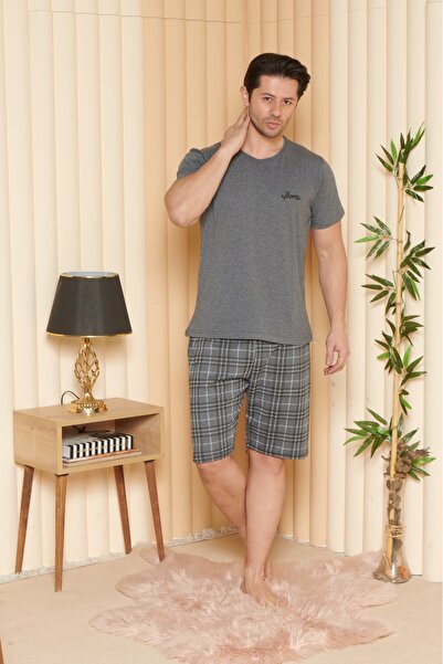 ZİRVE HOMEWEAR Three Star Men's Short Sleeve Suit with Plaid Shorts