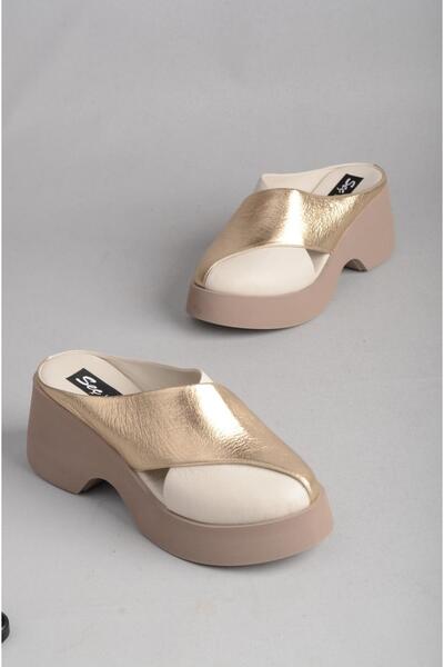 SEÇ KUNDURA SEÇ 883649 PAPUCI DE FEMEIE CU TOC CU PLATFORMĂ PIELE VERITĂ (Înălțime toc: 7 cm) BEJ-AUR