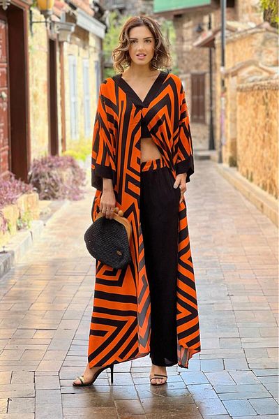 Nevin Kaya Moda Orange Striped Pants Tunic Double Set