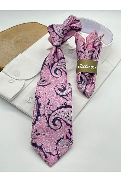 Gutiero Classic Tie with Pink Paisley Patterned Handkerchief
