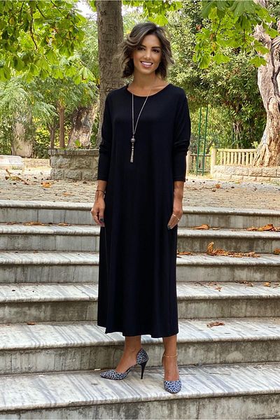 Nevin Kaya Moda Rochie neagră cu mânecă lungă din bumbac din viscoză pieptănată