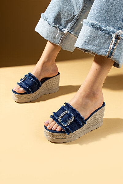 Pembe Potin Women's Navy Blue Linen Thick Wedge Heel Poly Comfortable Sole Slippers Sandals