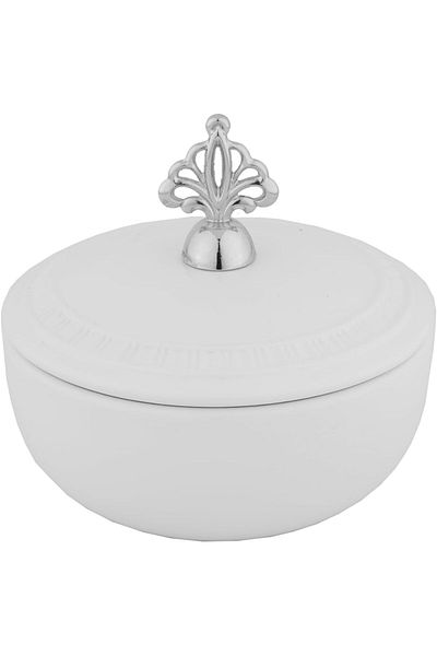 ALSAIF Circular Iron Bowl With Lid By , Size: 11.2 Cm, Color: White/nickel