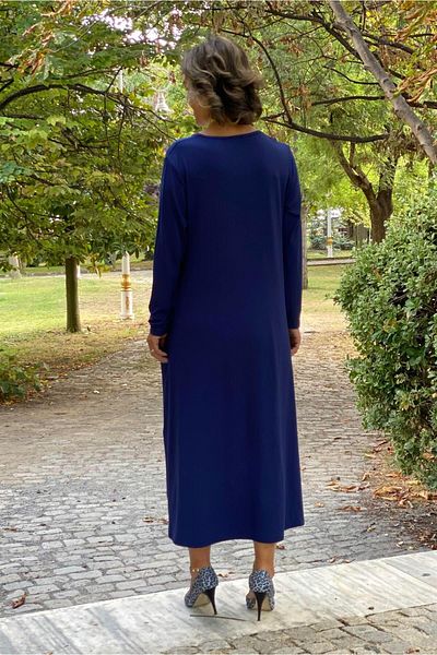 Nevin Kaya Moda Rochie pieptănată din bumbac cu mânecă lungă, albastru bleumarin