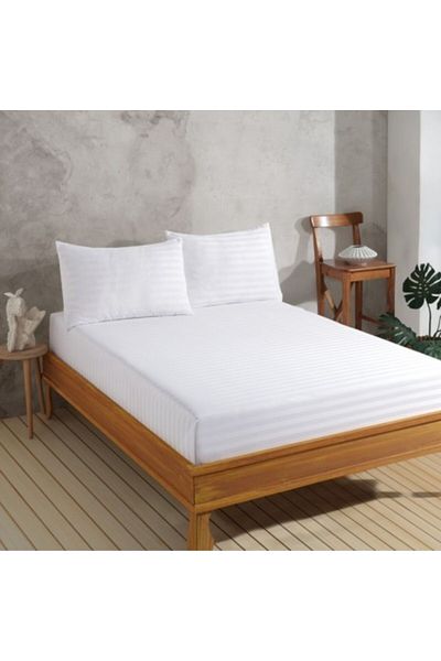 Enlora Home Set husa de pat cu elastic si 2 fete perna, bumbac 65% si poliester 35%, 160 x 200 cm, alb cu dungi
