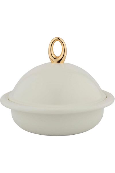 ALSAIF Iron Date And Seed Bowl With Gold Stand, Ivory