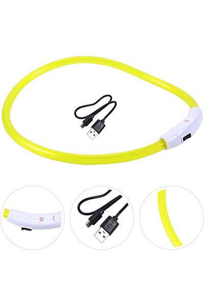 zola LED dog/cat collar, USB, 3 modes, rubber, water resistant, 47 cm, adjustable, yellow