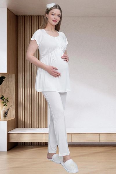 LOHOUSE Set de pijamale de maternitate pentru maternitate, cu design special, ecru, cu 3 piese, cu halat
