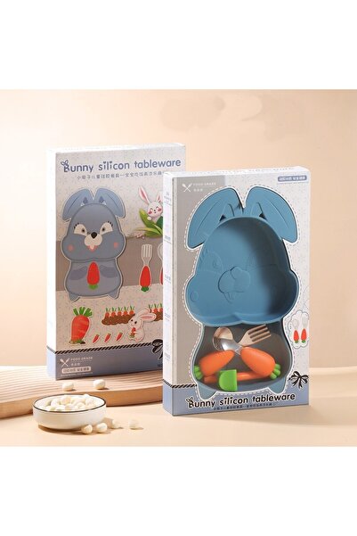 The Hub Set diversificare bebelusi, din silicon, 26 x 15 cm, 1 farfurie compartimentata in forma de iepure