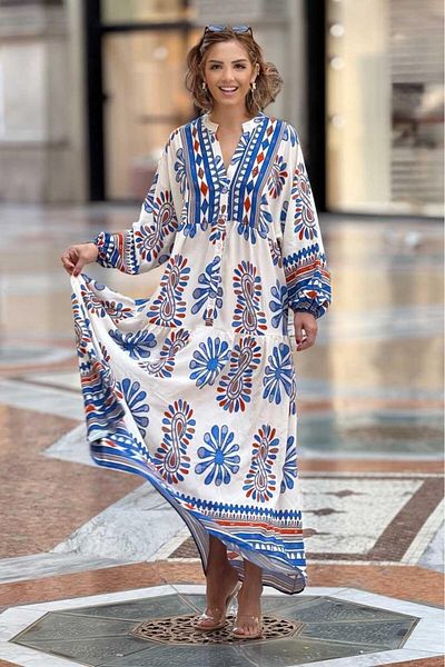 Nevin Kaya Moda Μακρύ φόρεμα με μοτίβο πλακιδίων σε κρεμ χρώμα