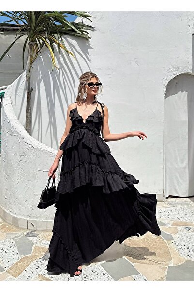 DIEANDMORE ASKILI VOLAN ELBİSE SIRT DEKOLTELİ SİYAH